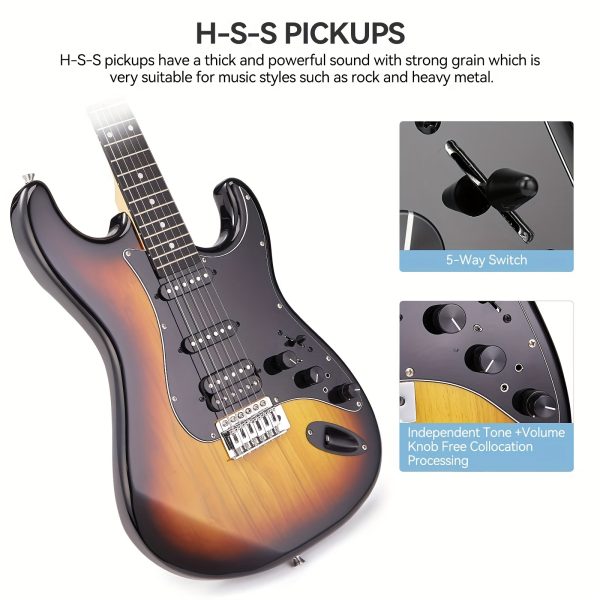 complete 39" electric guitar starter kit with effects, hss pickup, and accessories includes bag, capo, strap, tuner, cable, picks perfect for beginners to pros white