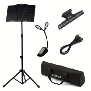 donner sheet music stand with light, dms 1 portable metal music stand, tabletop music book stand for guitar, ukulele, violin players