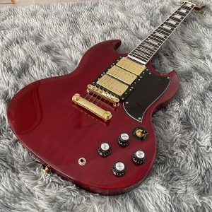 chinese electric guitar mahogany body rosewood fingerboard with three double pickups, bone and string pillows, stainless steel round head, silk golden accessories, made in china