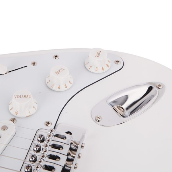 white electric guitar kit with s s s pickups, rosewood fretboard, comes with accessory bag, strap, connecting cable, gig bag, rocker. perfect for beginners and guitarists. perfect gift for easter, thanksgiving, christmas, belonging to guitarists.