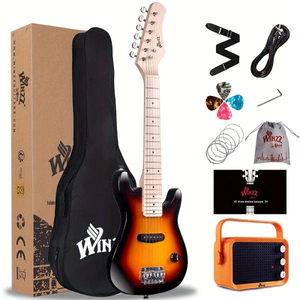 winzz tg e2 30 inch electric guitar package with amp, gig bag, picks, cable, strap, extra strings, solid wood body, glossy, small size