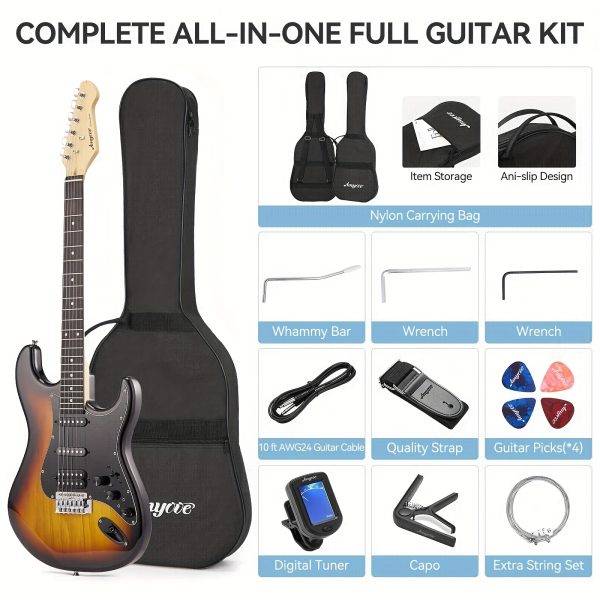 complete 39" electric guitar starter kit with effects, hss pickup, and accessories includes bag, capo, strap, tuner, cable, picks perfect for beginners to pros white