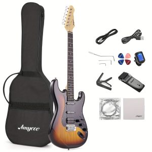 complete 39" electric guitar starter kit with effects, hss pickup, and accessories includes bag, capo, strap, tuner, cable, picks perfect for beginners to pros white