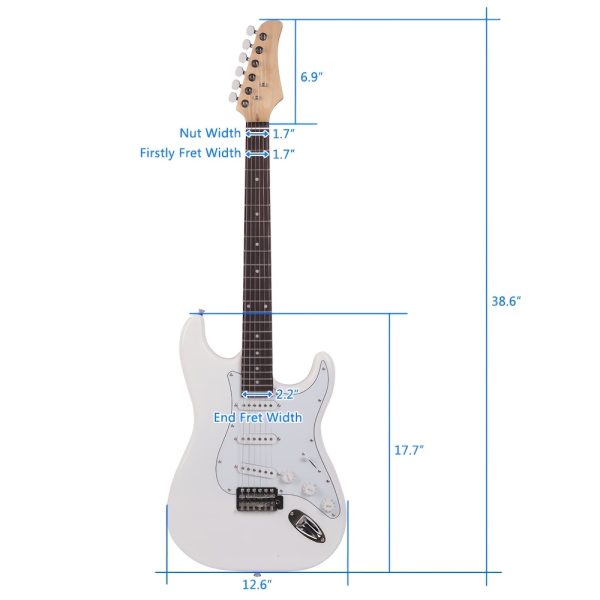 white electric guitar kit with s s s pickups, rosewood fretboard, comes with accessory bag, strap, connecting cable, gig bag, rocker. perfect for beginners and guitarists. perfect gift for easter, thanksgiving, christmas, belonging to guitarists.