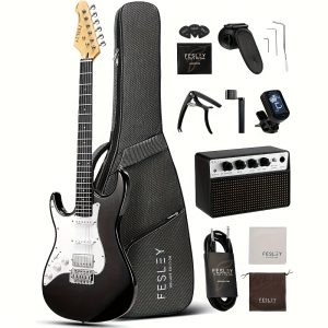 left handed electric guitar: 39" full size beginner electric guitar kit, hss pickup, solid body guitar starter set with amplifier, bag, strap, string, cable