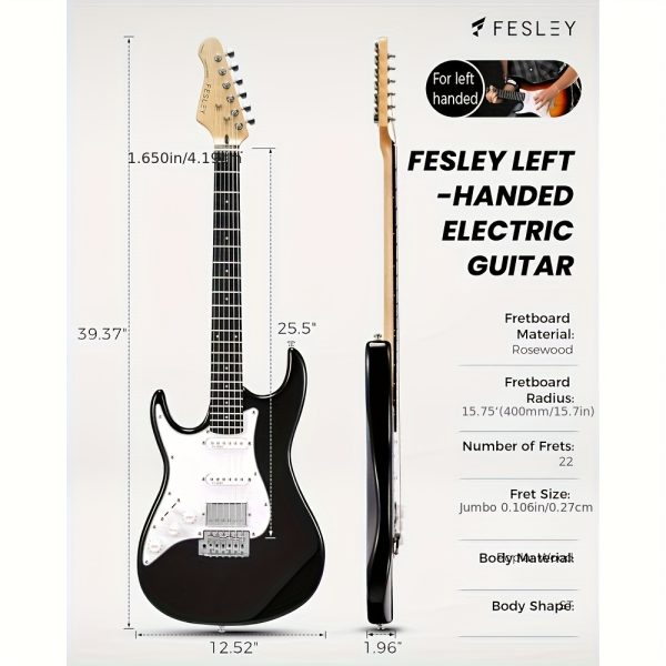 left handed electric guitar: 39" full size beginner electric guitar kit, hss pickup, solid body guitar starter set with amplifier, bag, strap, string, cable