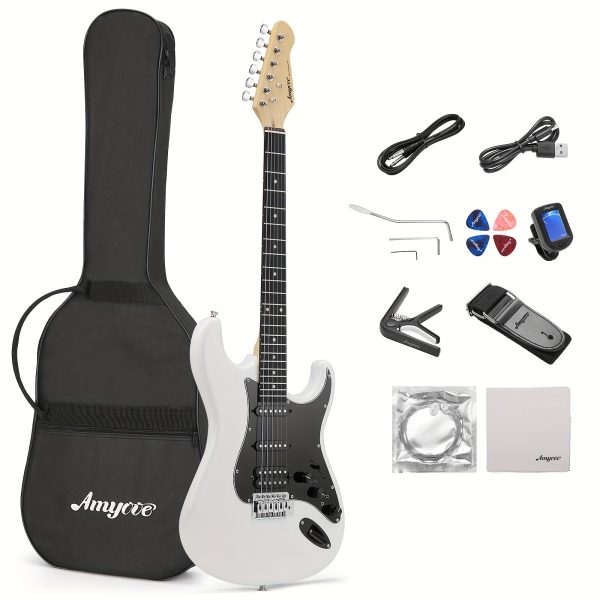 complete 39" electric guitar starter kit with effects, hss pickup, and accessories includes bag, capo, strap, tuner, cable, picks perfect for beginners to pros white
