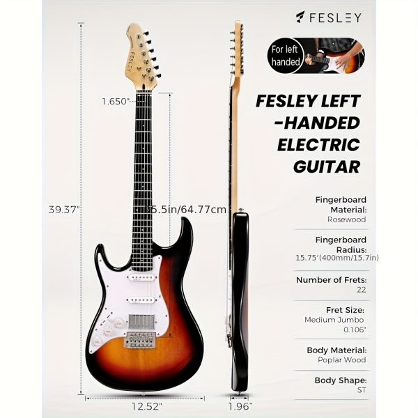 left handed electric guitar: 39" full size beginner electric guitar kit, hss pickup, solid body guitar starter set with amplifier, bag, strap, string, cable