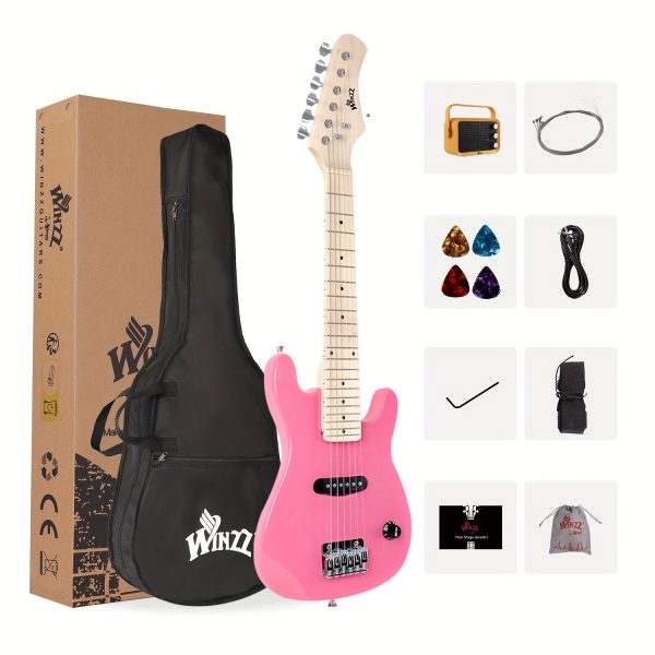 winzz tg e2 30 inch electric guitar package with amp, gig bag, picks, cable, strap, extra strings, solid wood body, glossy, small size