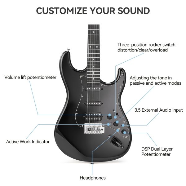 39" electric guitar kit with effects system, hss pickup, starter set with bag, capo, strap, string, tuner, cable, picks, electric guitar for beginner, professional player black