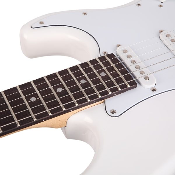 white electric guitar kit with s s s pickups, rosewood fretboard, comes with accessory bag, strap, connecting cable, gig bag, rocker. perfect for beginners and guitarists. perfect gift for easter, thanksgiving, christmas, belonging to guitarists.