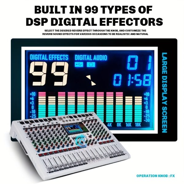 doslnlya gf12 white professional audio mixer mp3 player 12 channels 7 band eq 99dsp digital reverberation effect real time monitoring suitable for dj mixing, stage performances, and concerts.