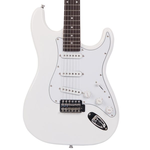 white electric guitar kit with s s s pickups, rosewood fretboard, comes with accessory bag, strap, connecting cable, gig bag, rocker. perfect for beginners and guitarists. perfect gift for easter, thanksgiving, christmas, belonging to guitarists.