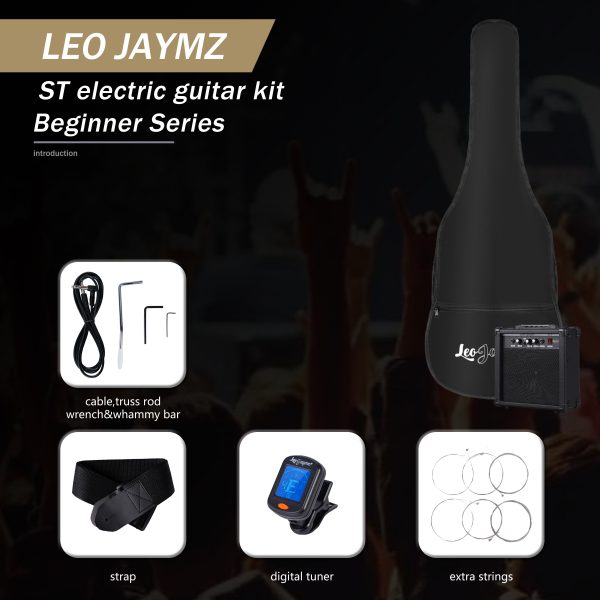 leo jaymz 39 inch full size electric guitar kit electric guitar beginner kits 20w amplifier, digital tuner, carring bag, shoulder strap, connecting cable