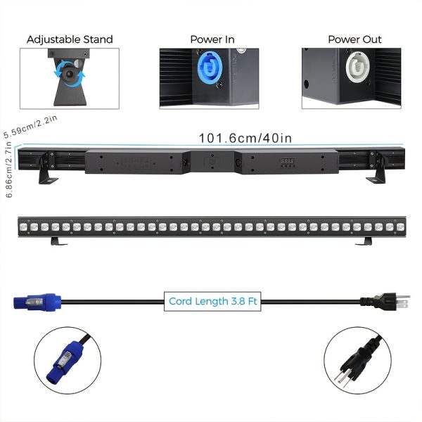 led stage wash lights, 120w 40 inch stage light strip, spectrum wash 36 rgbw led dj light strip with detachable lid, dmx controlled voice activated upper light for club wedding party dj stage lights