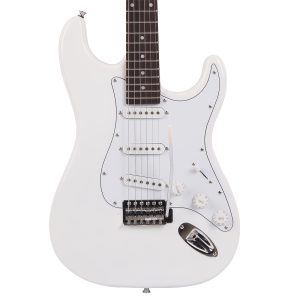 white electric guitar kit with s s s pickups, rosewood fretboard, comes with accessory bag, strap, connecting cable, gig bag, rocker. perfect for beginners and guitarists. perfect gift for easter, thanksgiving, christmas, belonging to guitarists.