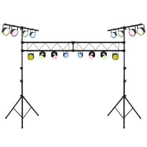 goplus 15 ft lighting truss system, heavy duty metal lighting stand with adjustable height, retractable t bar, non slip pads, triangle foot, locking pins, extension for portable audio stage