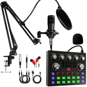 podcast equipment bundle, wired microphone, audio interface with dj mixer sound mixer microphone perfect recording for pc/laptop/smartphone