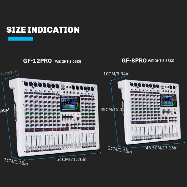 doslnlya gf12 white professional audio mixer mp3 player 12 channels 7 band eq 99dsp digital reverberation effect real time monitoring suitable for dj mixing, stage performances, and concerts.