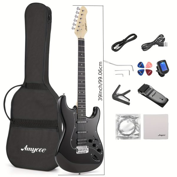 39" electric guitar kit with effects system, hss pickup, starter set with bag, capo, strap, string, tuner, cable, picks, electric guitar for beginner, professional player black