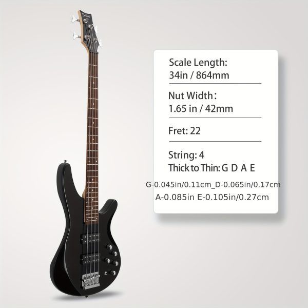 44 inch 4 string electric bass guitar, h h pickups, laurel fingerboard, comes with bag and accessories, black, for musicians, bass players, instruments