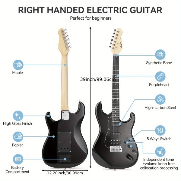 39" electric guitar kit with effects system, hss pickup, starter set with bag, capo, strap, string, tuner, cable, picks, electric guitar for beginner, professional player black