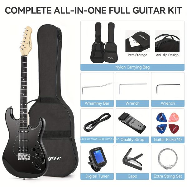 39" electric guitar kit with effects system, hss pickup, starter set with bag, capo, strap, string, tuner, cable, picks, electric guitar for beginner, professional player black