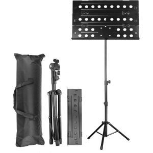 portable alloy folding music stand kit adjustable height & angle, includes carrying bag & clipboard ideal for violin, guitar players, bands, performances