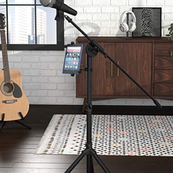 basics adjustable tablet for ipad mic stand holder for music performance black, secure clamp with multiple mounting options, durable construction for stability, music performance accessory | sleek metallic finish | secure clamp design, tablet holder for ipad