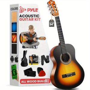 beginner acoustic guitar kit, 1/2 junior size all wood instrument for kids, adults, 34" sunburst teardrop matte