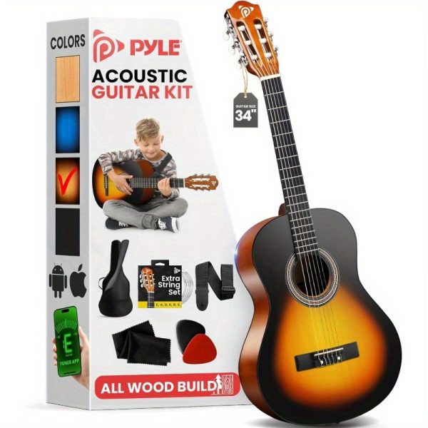 beginner acoustic guitar kit, 1/2 junior size all wood instrument for kids, adults, 34" sunburst teardrop matte