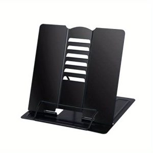 blizzow adjustable desk book stand holder foldable, portable, hands free metal stand for cookbooks, recipes, tablets, music & documents black, recipe holder | modern desk accessory | durable plastic stand