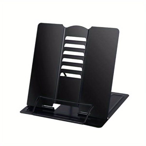 blizzow adjustable desk book stand holder foldable, portable, hands free metal stand for cookbooks, recipes, tablets, music & documents black, recipe holder | modern desk accessory | durable plastic stand