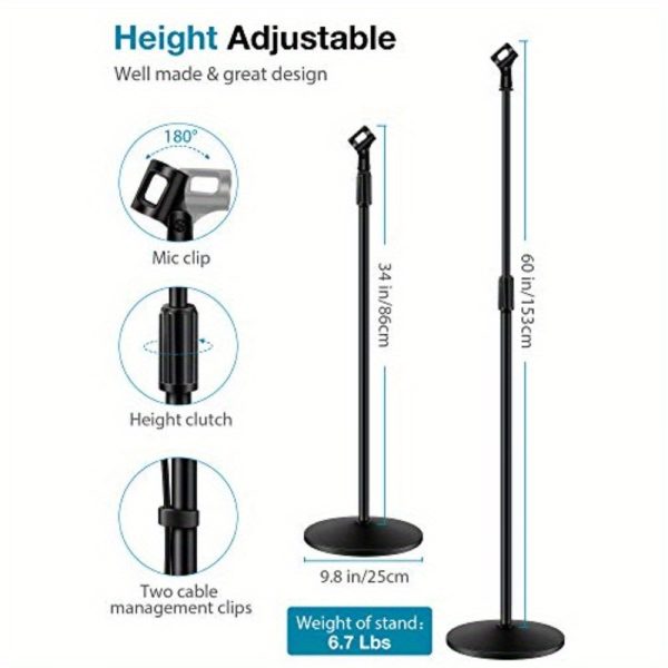 heavy duty mic stand with weighted base, adjustable height 34" 60", compatible with blue yeti, hyperx quadcast, shure sm58, samson q2u, fifine k669b, studio/stage/streaming sturdy metal construction, recording gear, detachable boom, durable build, boom arm, content creators, podcast setup, professional design, highquality materials, heightadjustable stand, live streamers
