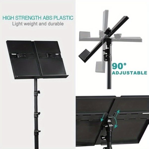lightweight foldable adjustable music stand with panel extension clip & carrying bag one handed page turning, 34" 64" height, 20" panel capacity, 3 step setup, durable abs plastic & metal tripod for travel, practice, performances black, performance essentials, onehanded operation, robust construction, travel musician gear, highquality materials, orchestra players