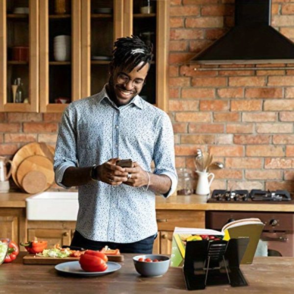 blizzow adjustable desk book stand holder foldable, portable, hands free metal stand for cookbooks, recipes, tablets, music & documents black, recipe holder | modern desk accessory | durable plastic stand