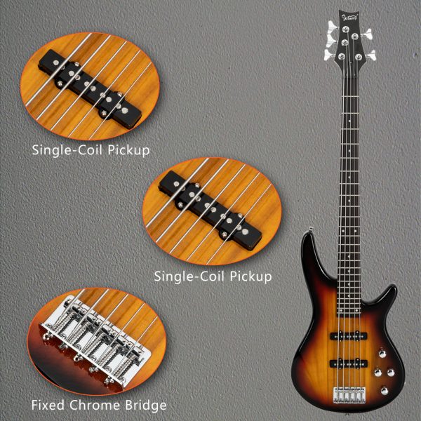 gib full size 5 string electric bass guitar with sunburst finish black maple neck, recycled wood body, includes gig bag, strap, cable & tools for beginners & professional musicians, musical instrument, stylish musical equipment, high tensile strength, studio recording, classic design, durable construction, instrument bundle, beginner musicians