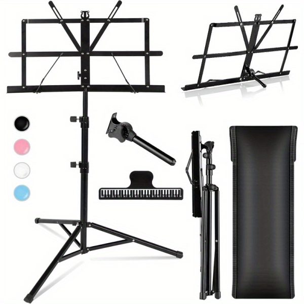 cahaya portable adjustable music stand dual use floor & desktop book holder, lightweight foldable design with carrying bag & clip, sturdy metal tripod legs, 27.6" 51.2" height, 11lb capacity for students musicians (black), performance accessory, reinforced construction