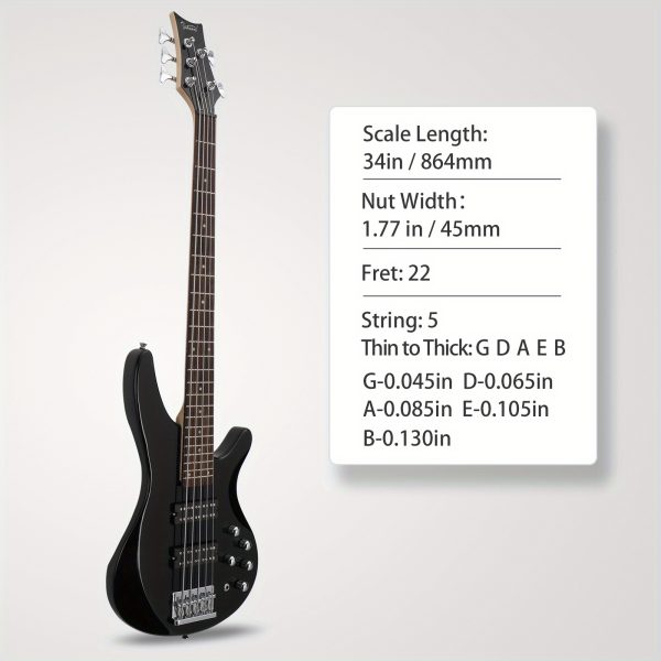 44 inch gib 5 string h h pickup laurel wood fingerboard electric bass guitar with bag and other accessories black