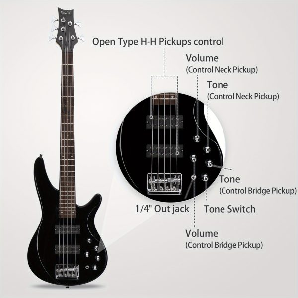44 inch gib 5 string h h pickup laurel wood fingerboard electric bass guitar with bag and other accessories black