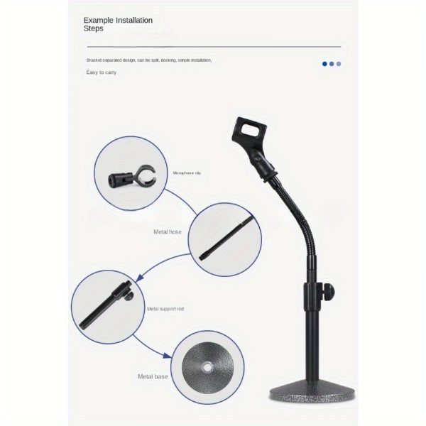 adjustable gooseneck microphone stand, alloy desktop mic holder, stable disc base, flexible tube telescopic, uncharged black