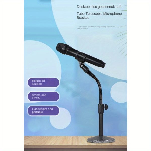adjustable gooseneck microphone stand, alloy desktop mic holder, stable disc base, flexible tube telescopic, uncharged black