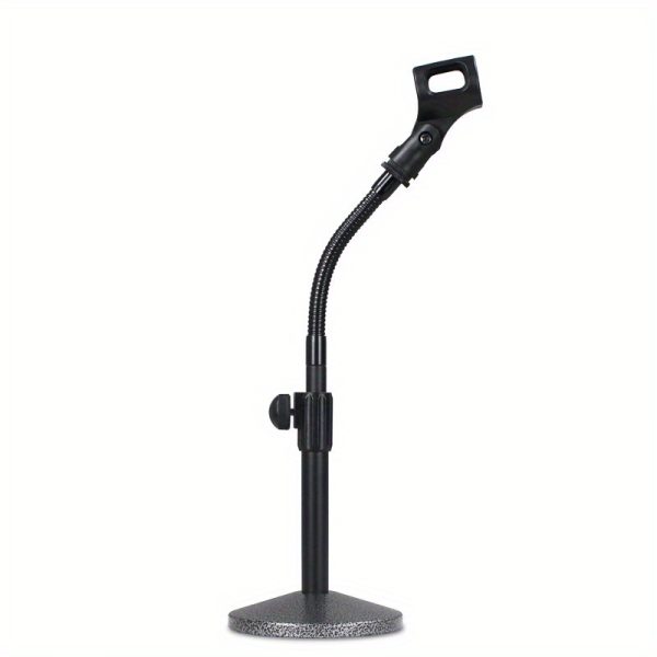 adjustable gooseneck microphone stand, alloy desktop mic holder, stable disc base, flexible tube telescopic, uncharged black