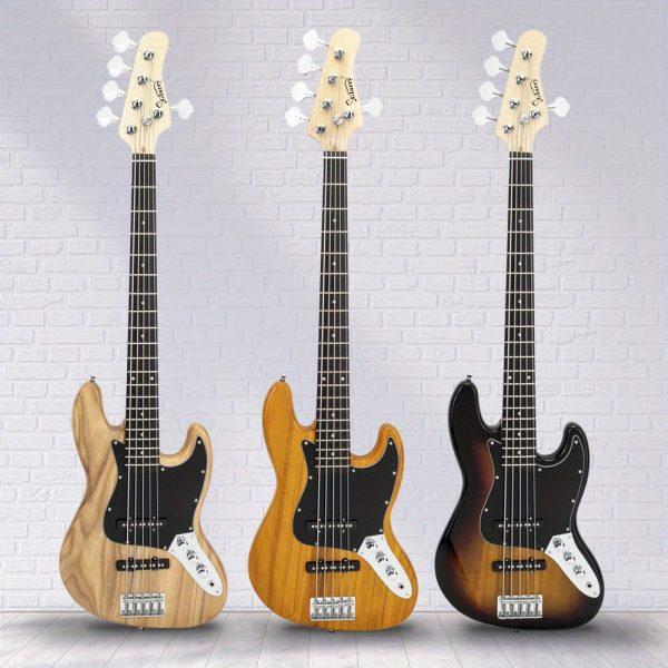 gjazz electric 5 string bass guitar full size bag strap pick connector wrench tool burlywood