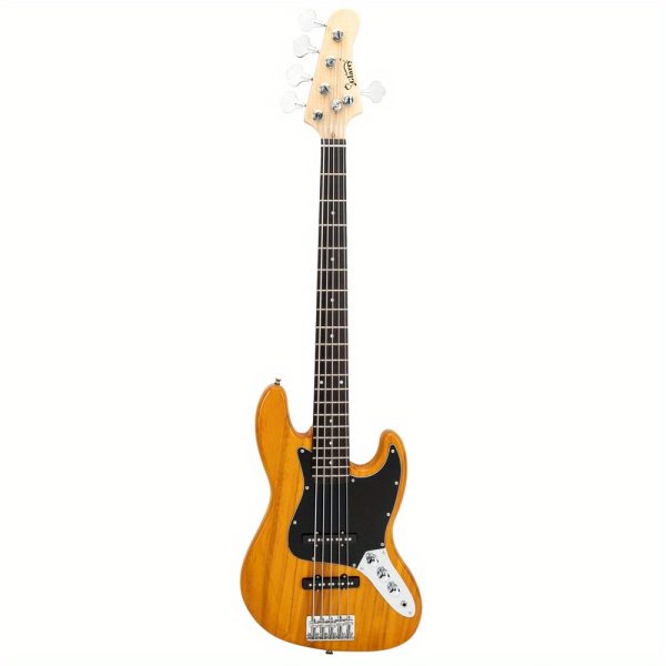 gjazz electric 5 string bass guitar full size bag strap pick connector wrench tool burlywood