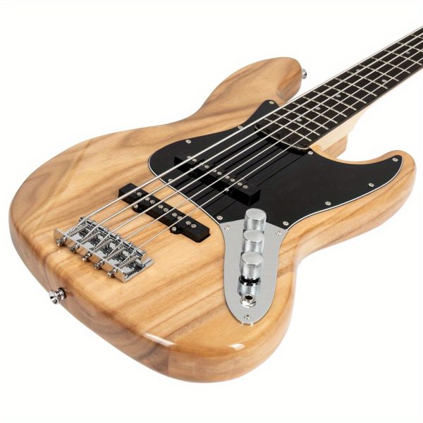 gjazz electric 5 string bass guitar full size bag strap pick connector wrench tool burlywood