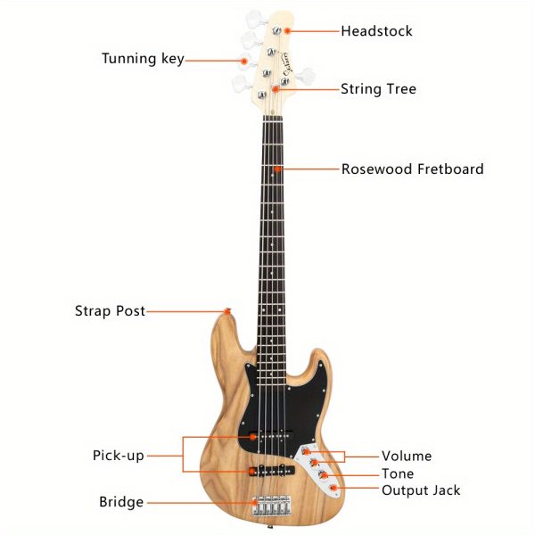 gjazz electric 5 string bass guitar full size bag strap pick connector wrench tool burlywood