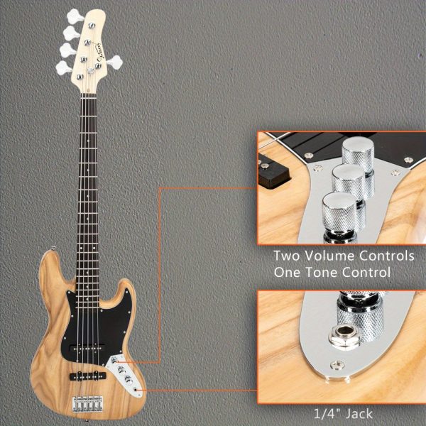gjazz electric 5 string bass guitar full size bag strap pick connector wrench tool burlywood