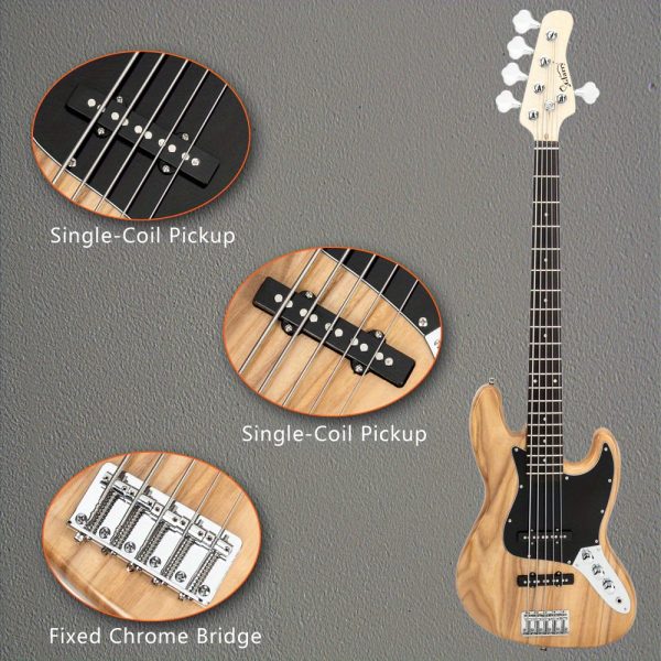 gjazz electric 5 string bass guitar full size bag strap pick connector wrench tool burlywood
