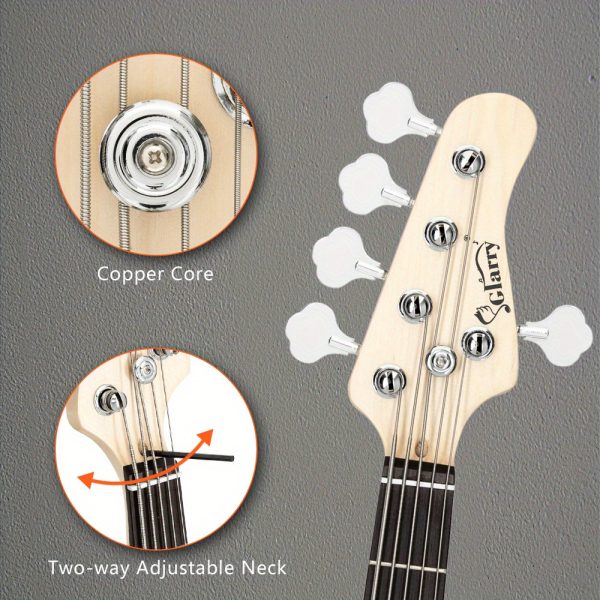 gjazz electric 5 string bass guitar full size bag strap pick connector wrench tool burlywood